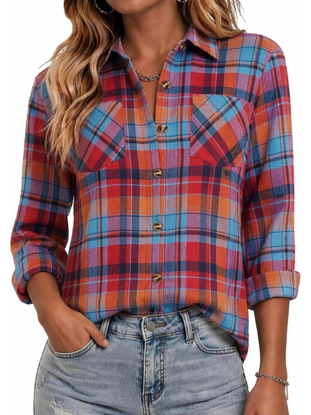 Women's Red Blue Flannel Plaid Long Sleeve Button Down Imported Top Work Blouse